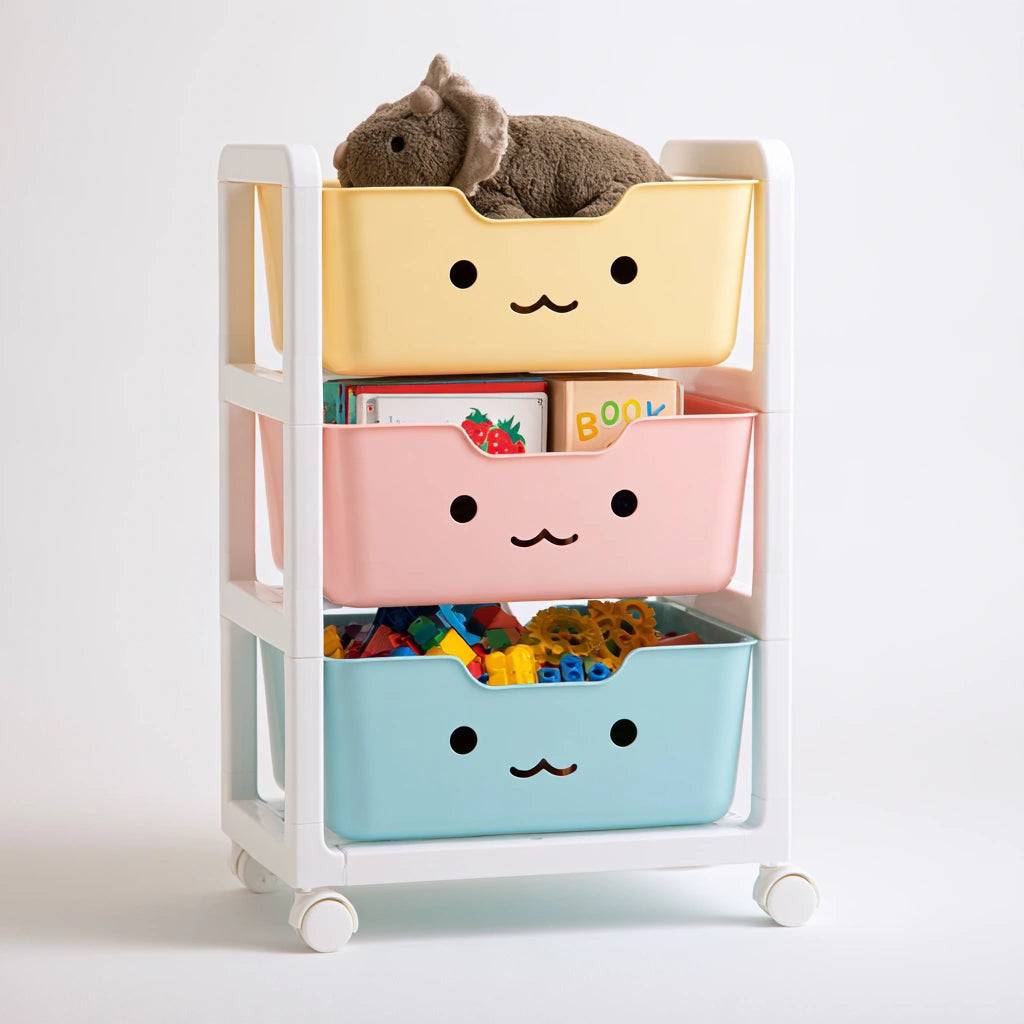 Chariot de rangement pour jouets aux lignes épurées sur roulettes à trois niveaux, coloris gris