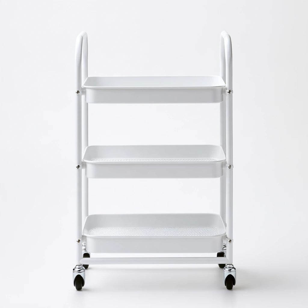 Chariot de rangement aux lignes épurées sur roulettes à trois niveaux, coloris blanc