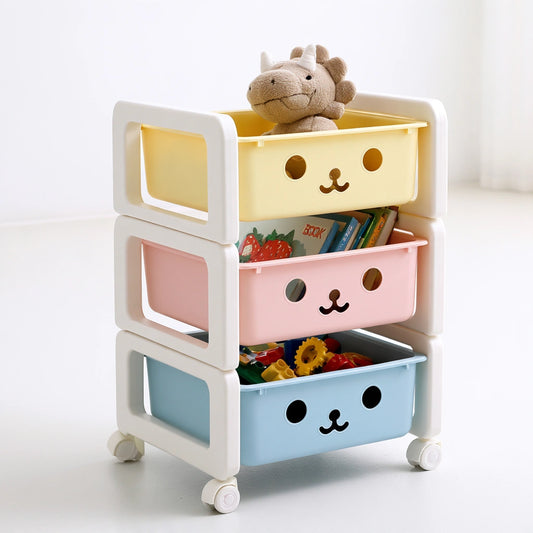 Chariot de rangement pour jouets aux lignes épurées sur roulettes à trois niveaux, coloris gris