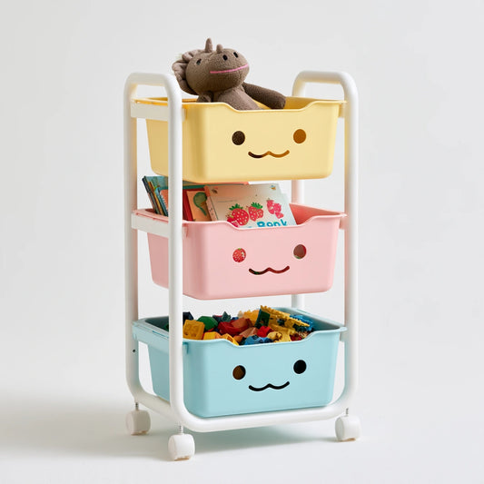 Chariot de rangement pour jouets aux lignes épurées sur roulettes à trois niveaux, coloris gris