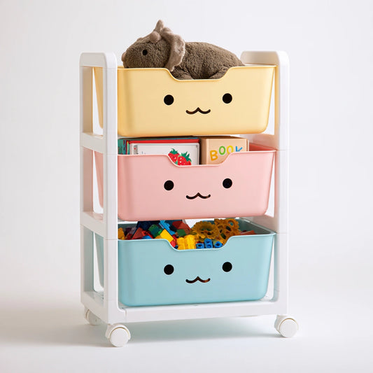 Chariot de rangement pour jouets aux lignes épurées sur roulettes à trois niveaux, coloris gris