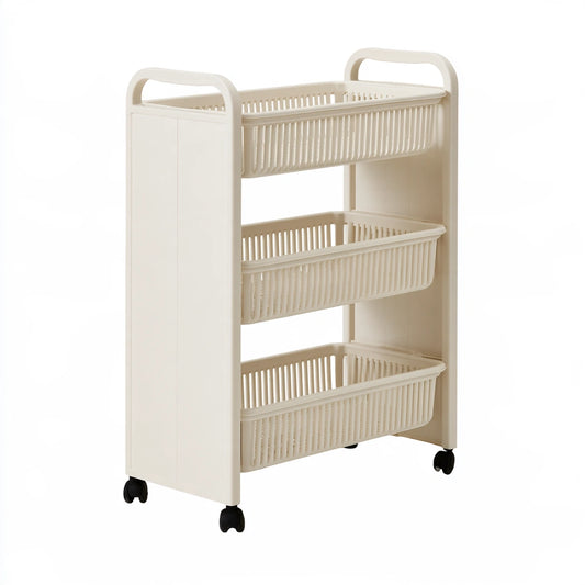 Chariot de rangement en plastique sur roulettes à trois niveaux, coloris blanc cassé