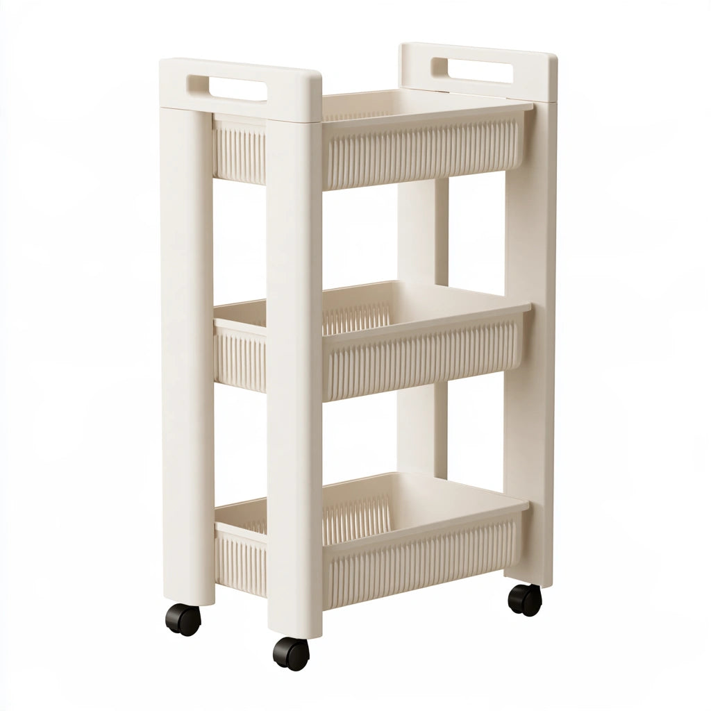Chariot de rangement en plastique sur roulettes à trois niveaux, coloris blanc cassé