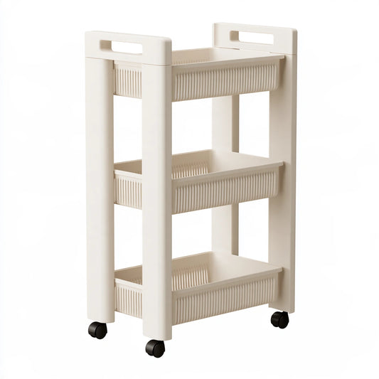 Chariot de rangement en plastique sur roulettes à trois niveaux, coloris blanc cassé