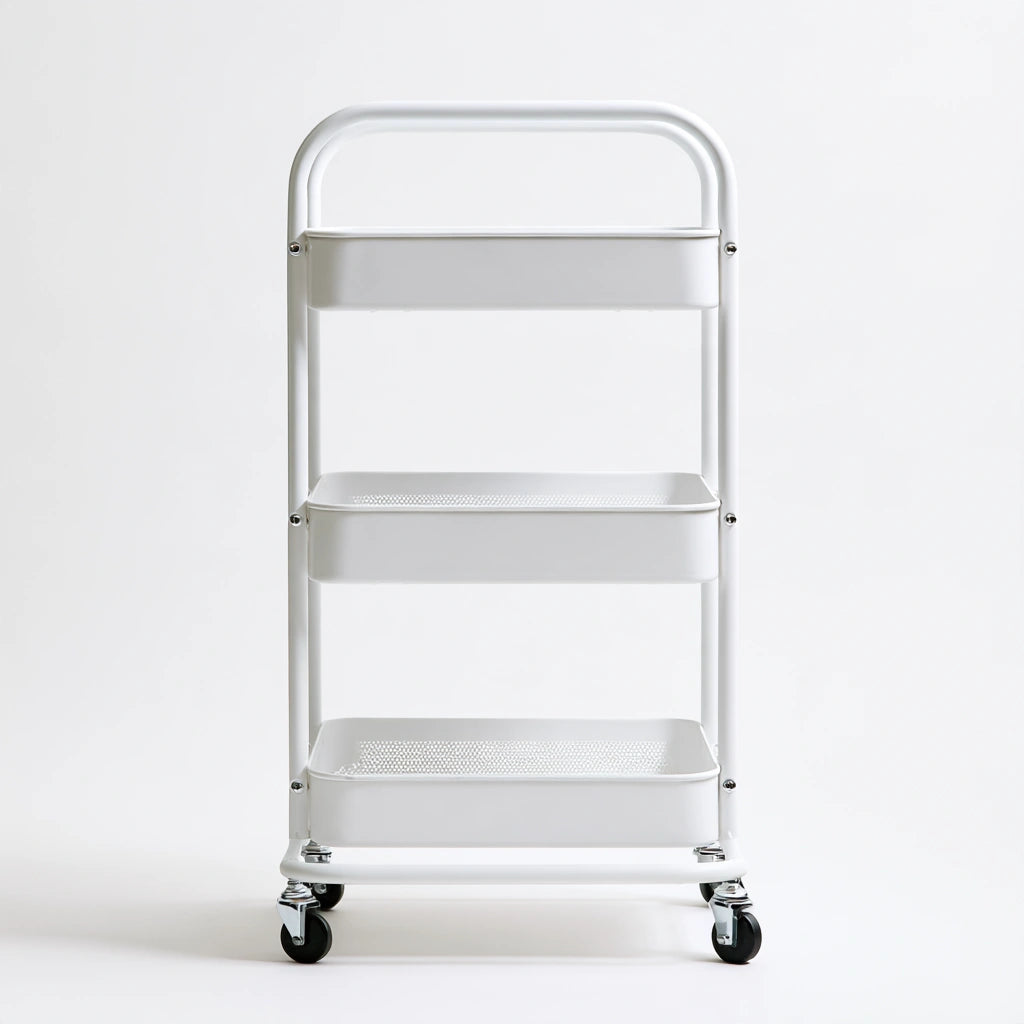 Chariot de rangement aux lignes épurées sur roulettes à trois niveaux, coloris blanc
