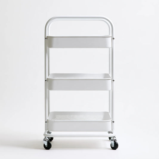 Chariot de rangement aux lignes épurées sur roulettes à trois niveaux, coloris blanc