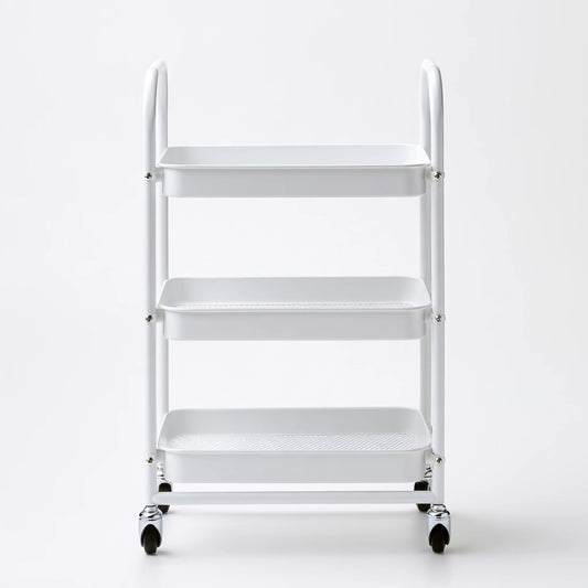 Chariot de rangement aux lignes épurées sur roulettes à trois niveaux, coloris blanc